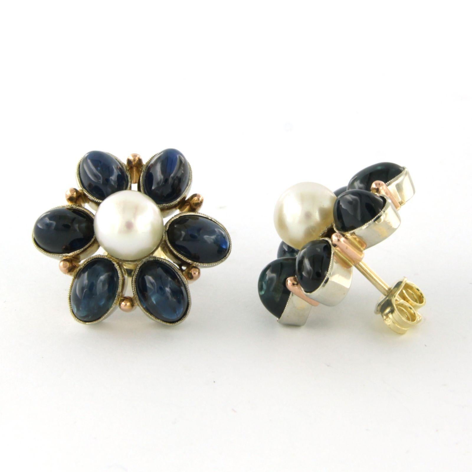 Modern Earrings set with sapphire up to 12.00ct and pearl 14k bicolour gold For Sale