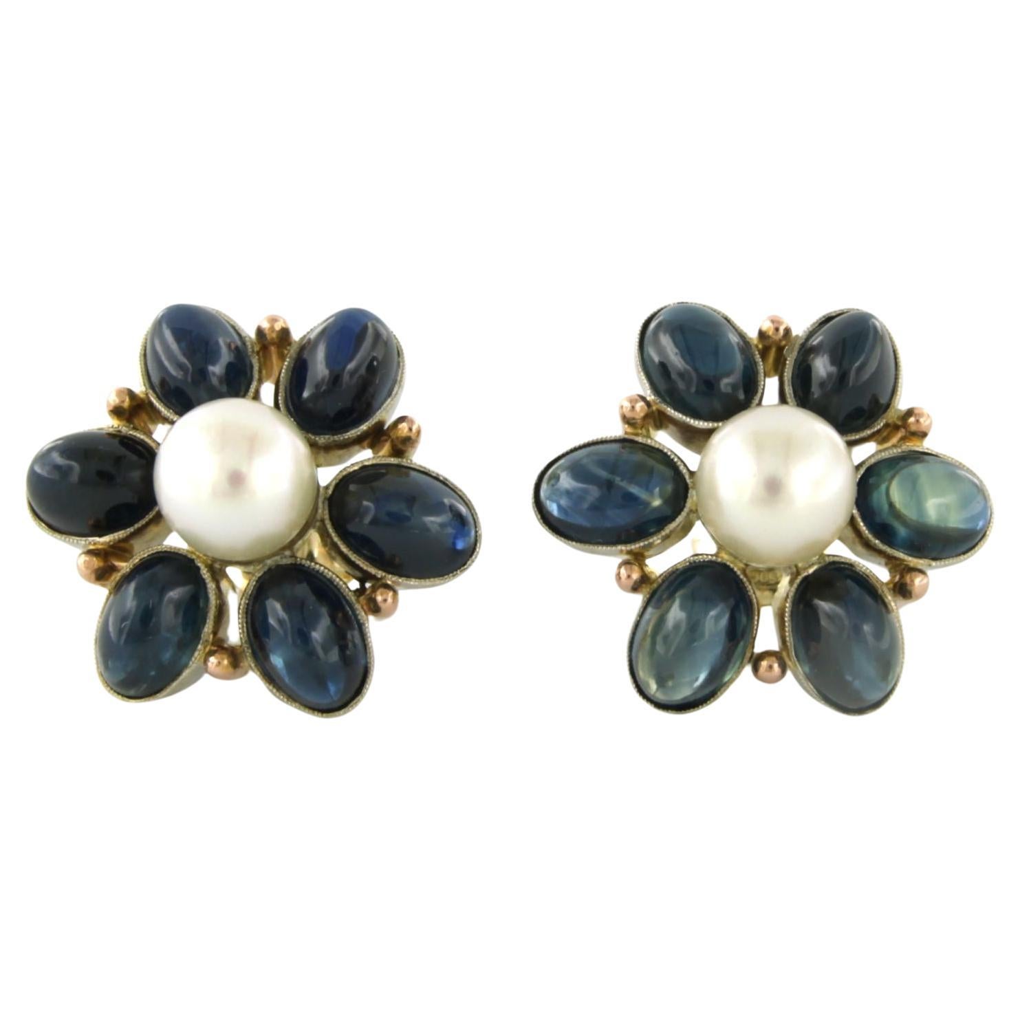 Earrings set with sapphire up to 12.00ct and pearl 14k bicolour gold For Sale