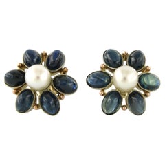 Earrings set with sapphire up to 12.00ct and pearl 14k bicolour gold