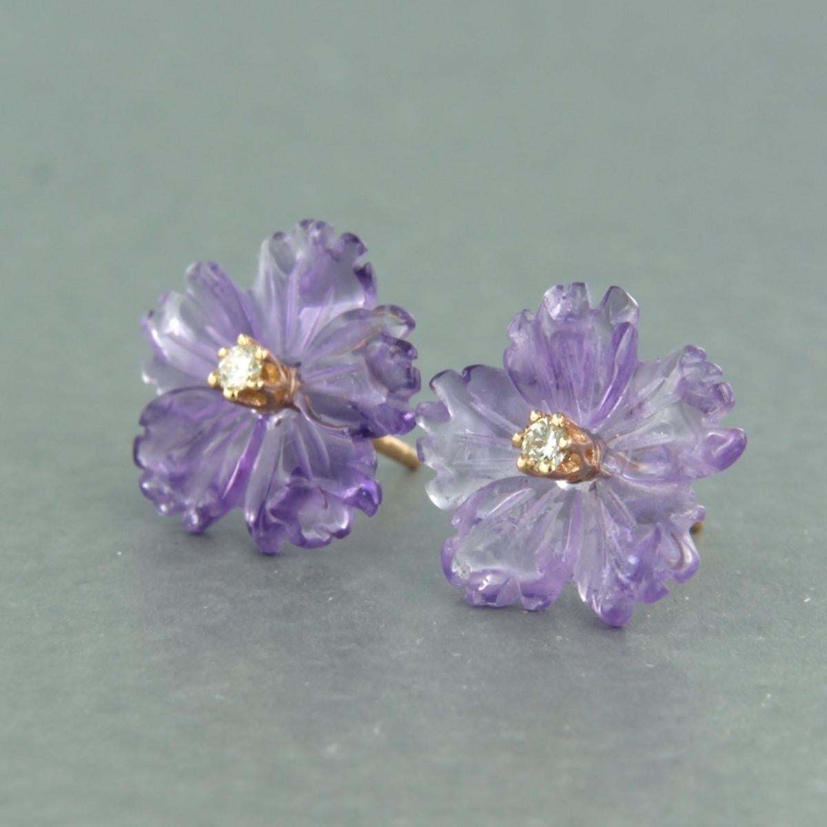 Modern Earrings studs with Amethyst and Diamonds 18k pink gold For Sale