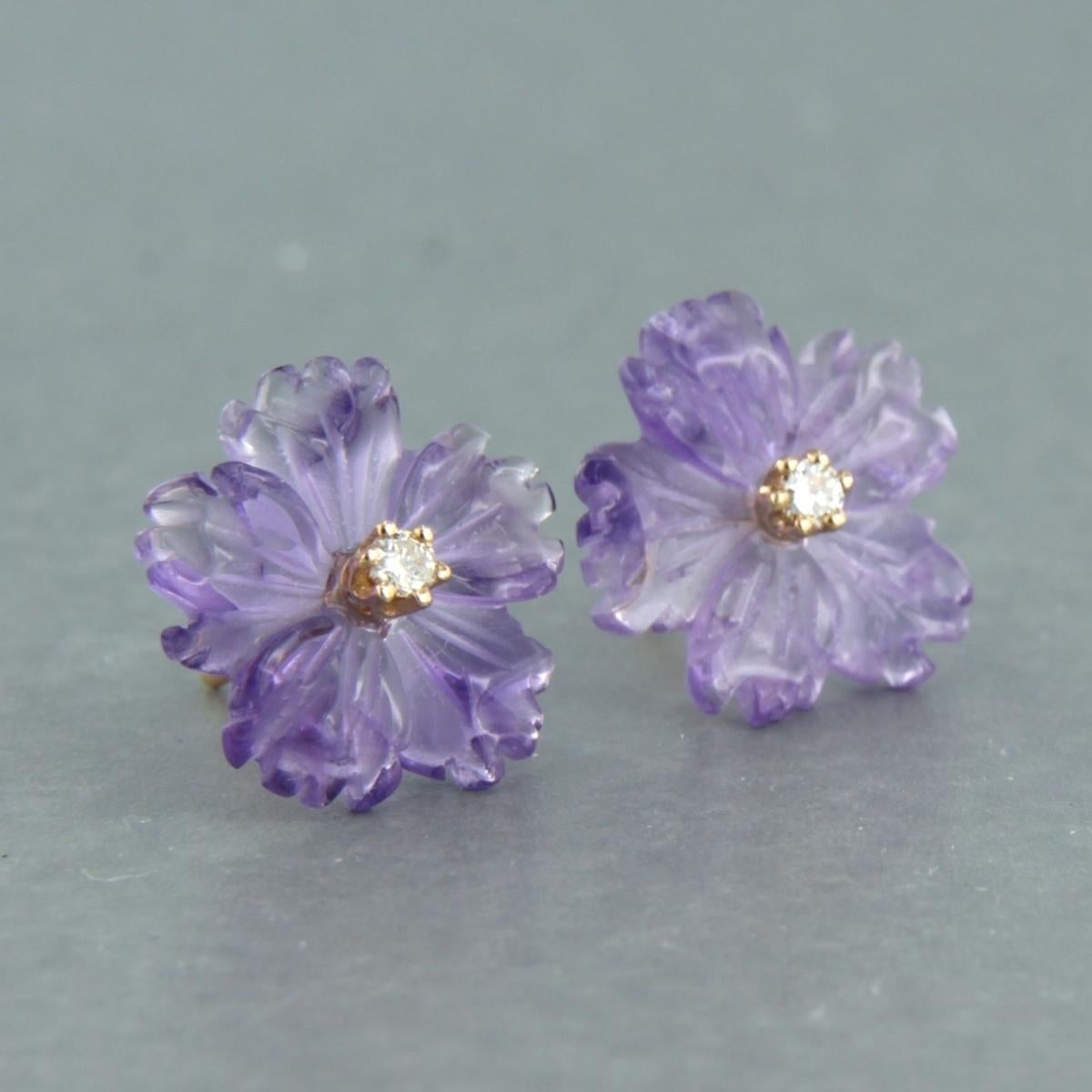 Brilliant Cut Earrings studs with Amethyst and Diamonds 18k pink gold For Sale