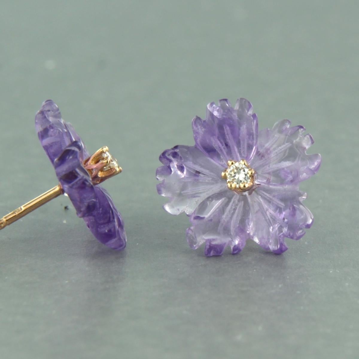 Women's Earrings studs with Amethyst and Diamonds 18k pink gold For Sale