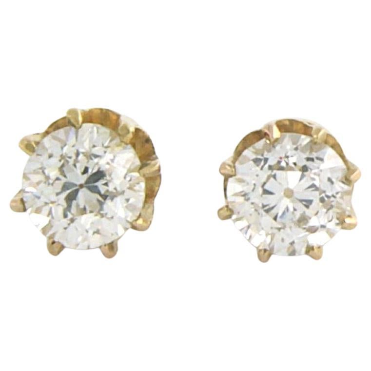 Clous d'oreilles en or jaune 14 carats avec diamants de taille européenne ancienne jusqu'à 0,76 carat en vente