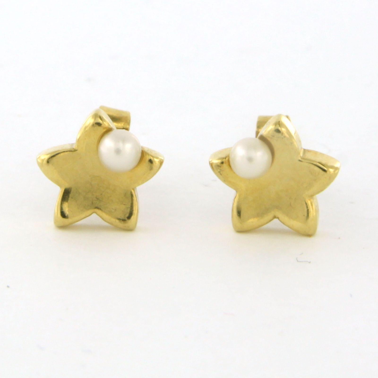 18k yellow gold earrings set with pearl

detailed description:

the size of the earring is 9.5 mm high and 9.5 mm wide

Total weight 2.6 grams

set with

- 2 x 3.5 mm freshwater cultured pearl

color: white
clarity: n/a
Gemstones are often treated