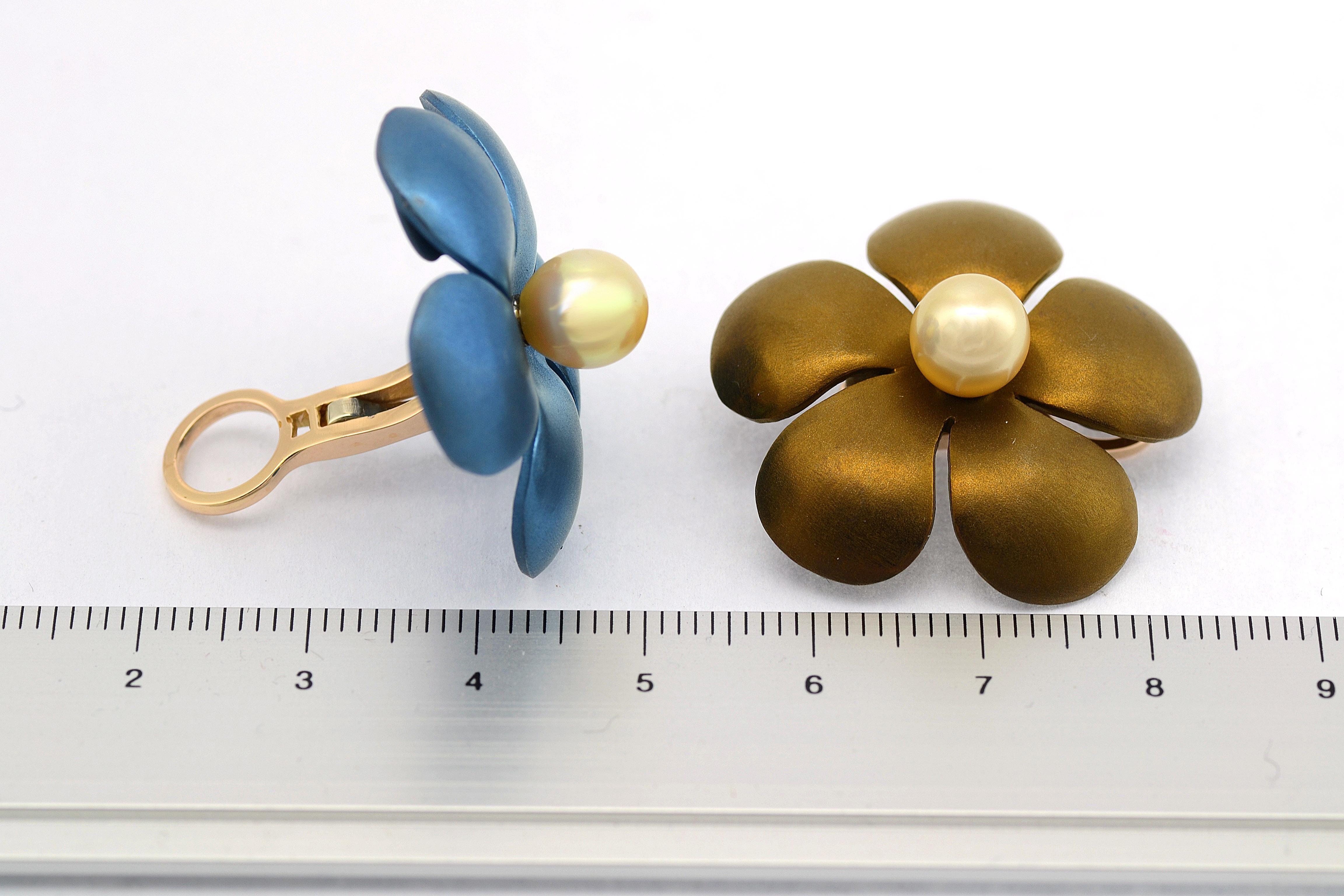 Round Cut Brown Blue Titanium Golden Pearls 18 Kt Gold Clip Earrings