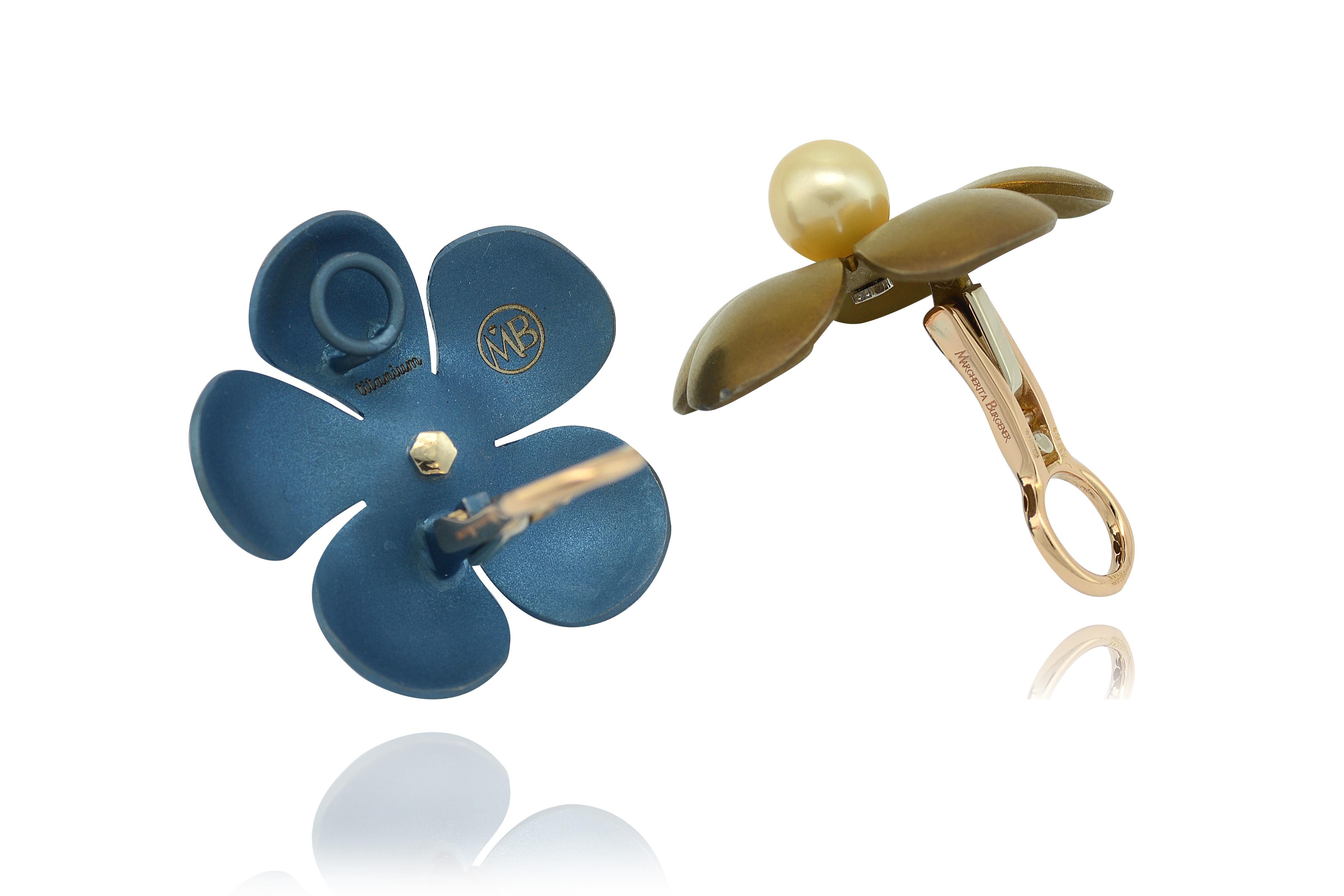 Brown Blue Titanium Golden Pearls 18 Kt Gold Clip Earrings 1