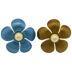 Brown Blue Titanium Golden Pearls 18 Kt Gold Clip Earrings