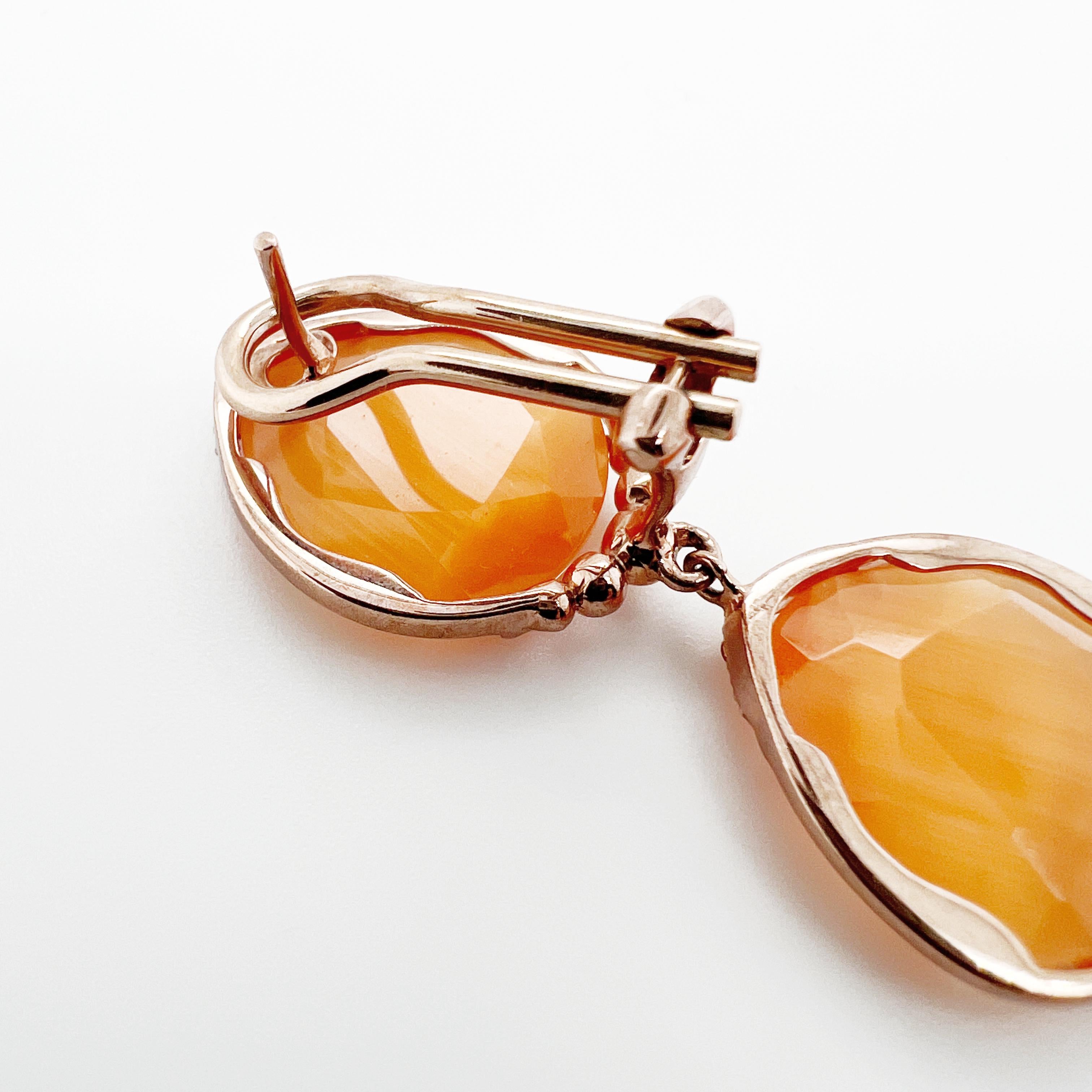Modern Earrings triplets (rock crystal & fiber) in 9K gold, diamonds & citrine For Sale