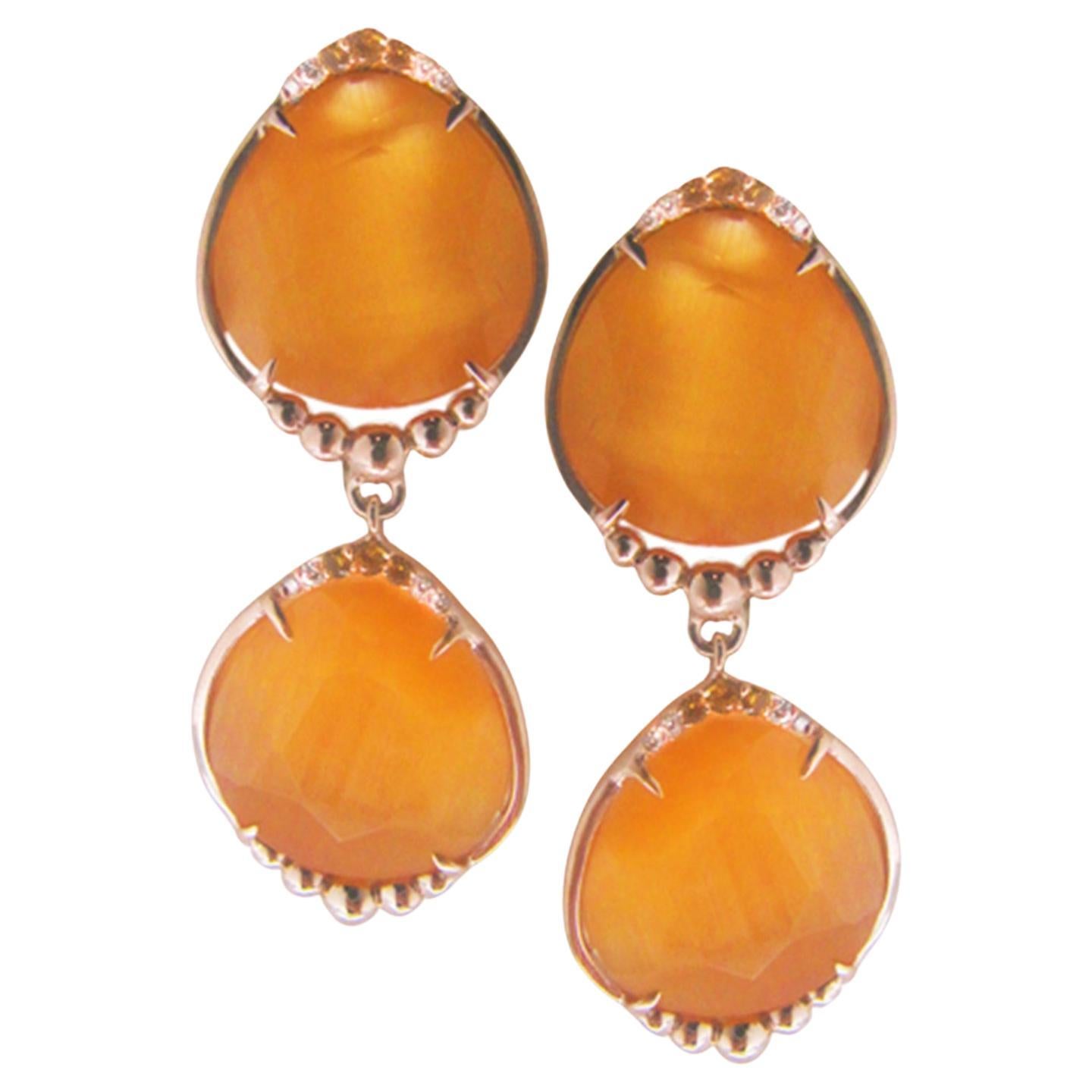 Earrings triplets (rock crystal & fiber) in 9K gold, diamonds & citrine For Sale