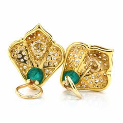Earrings - Vintage 18K Yellow Gold 6.00 Ctw Emerald Cabochon & 5.20 CTW Diamonds