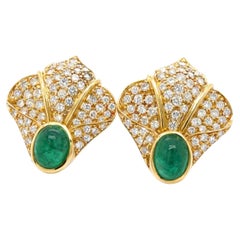 Earrings - Vintage 18K Yellow Gold 6.00 Ctw Emerald Cabochon & 5.20 CTW Diamonds