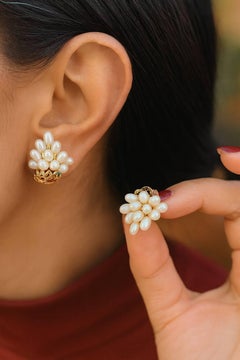 Vintage Earrings 18k Yellow Gold Pearl Cluster .