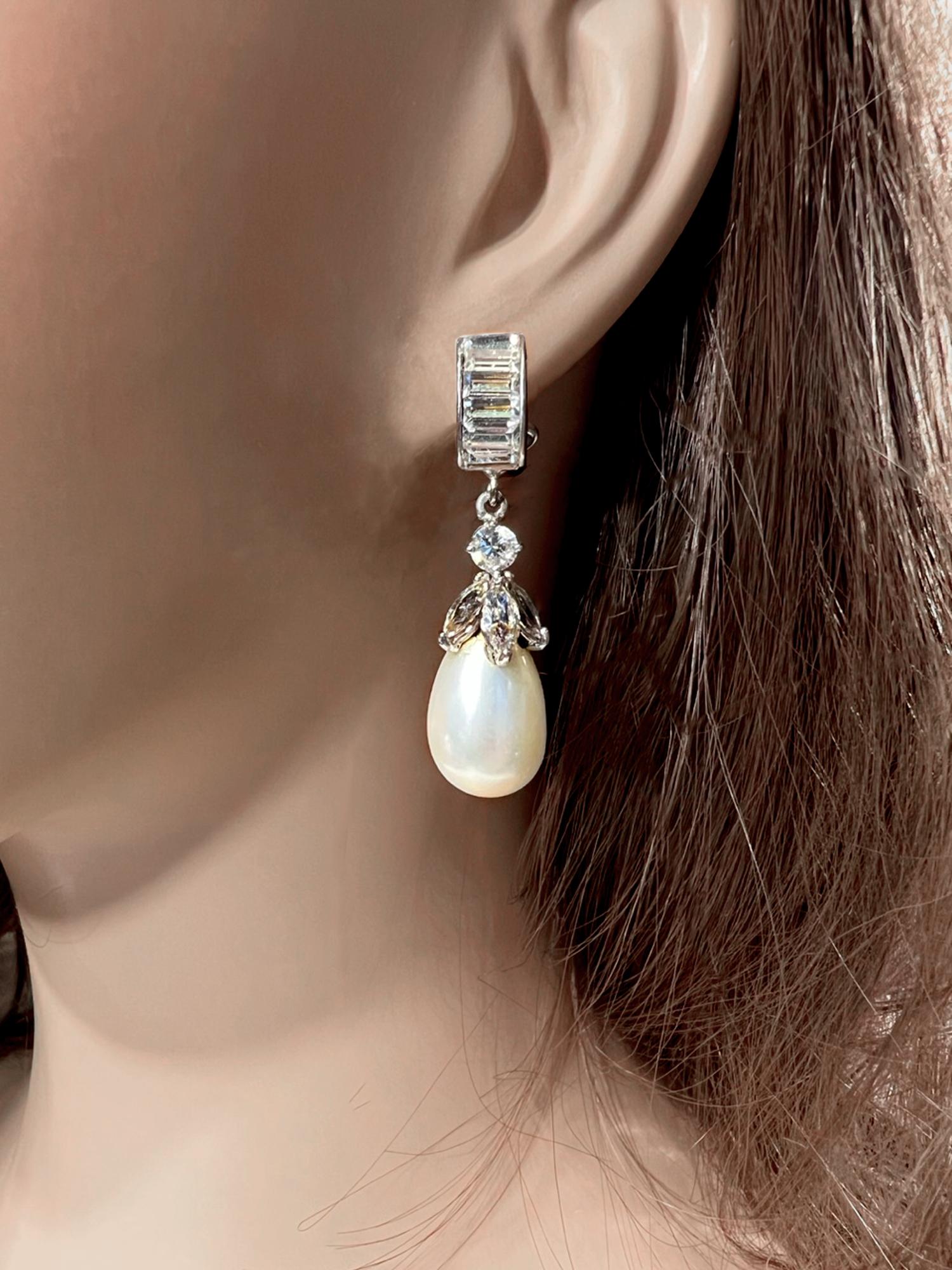 Earrings Vintage Baguette Swarovski Diamanté Huggie Rhodium Japanese Hand Made Glass Pearl Drop Earrings Bridal Evening Wear
The perfect elegant, discrete diamond look is in a mint sparkly Diamanté  pearl dangly ear clip—half by a quarter inch and