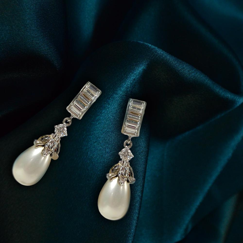 Art Deco Vintage Baguette Swarovski Diamanté Pearl Drop Earrings by Clive Kandel