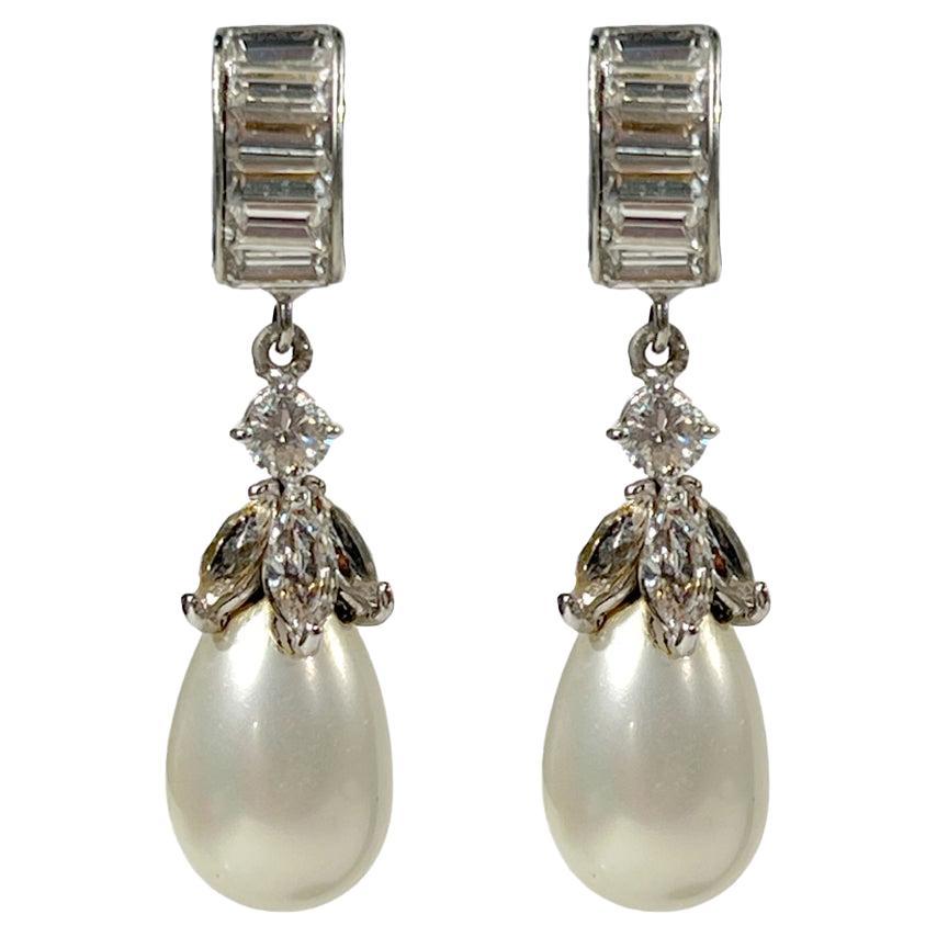 Vintage Baguette Swarovski Diamanté Pearl Drop Earrings by Clive Kandel