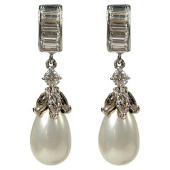 Earrings Vintage Baguette Swarovski Diamanté Huggie Rhodium Pearl Drop Earrings