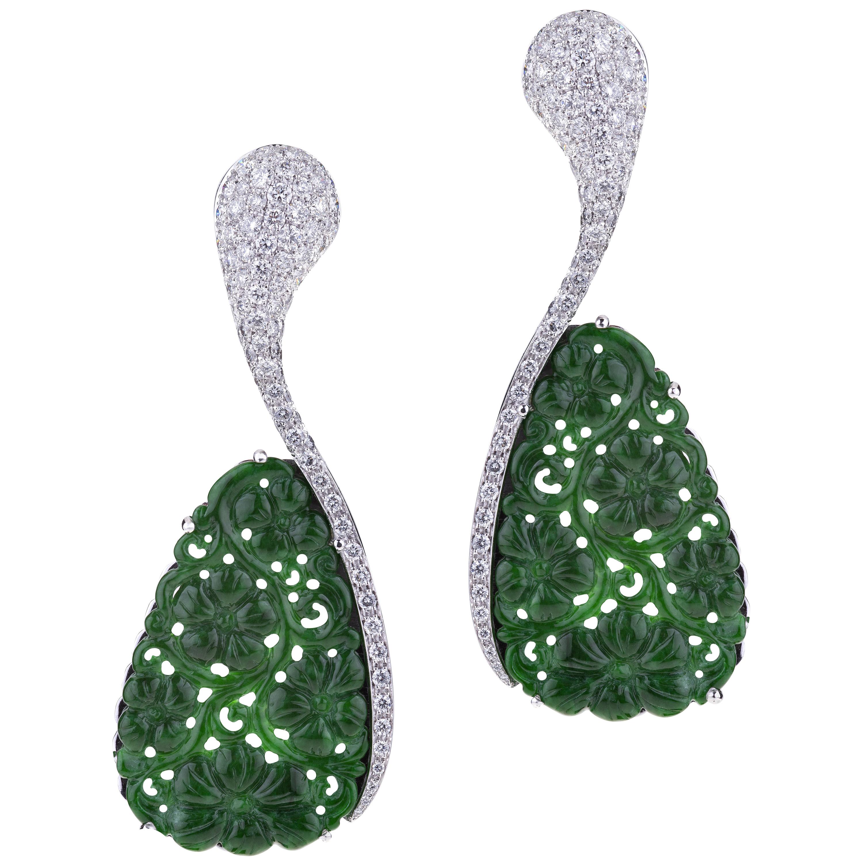 Earrings White Gold Carved Drop Green Jade And Diamonds For Sale