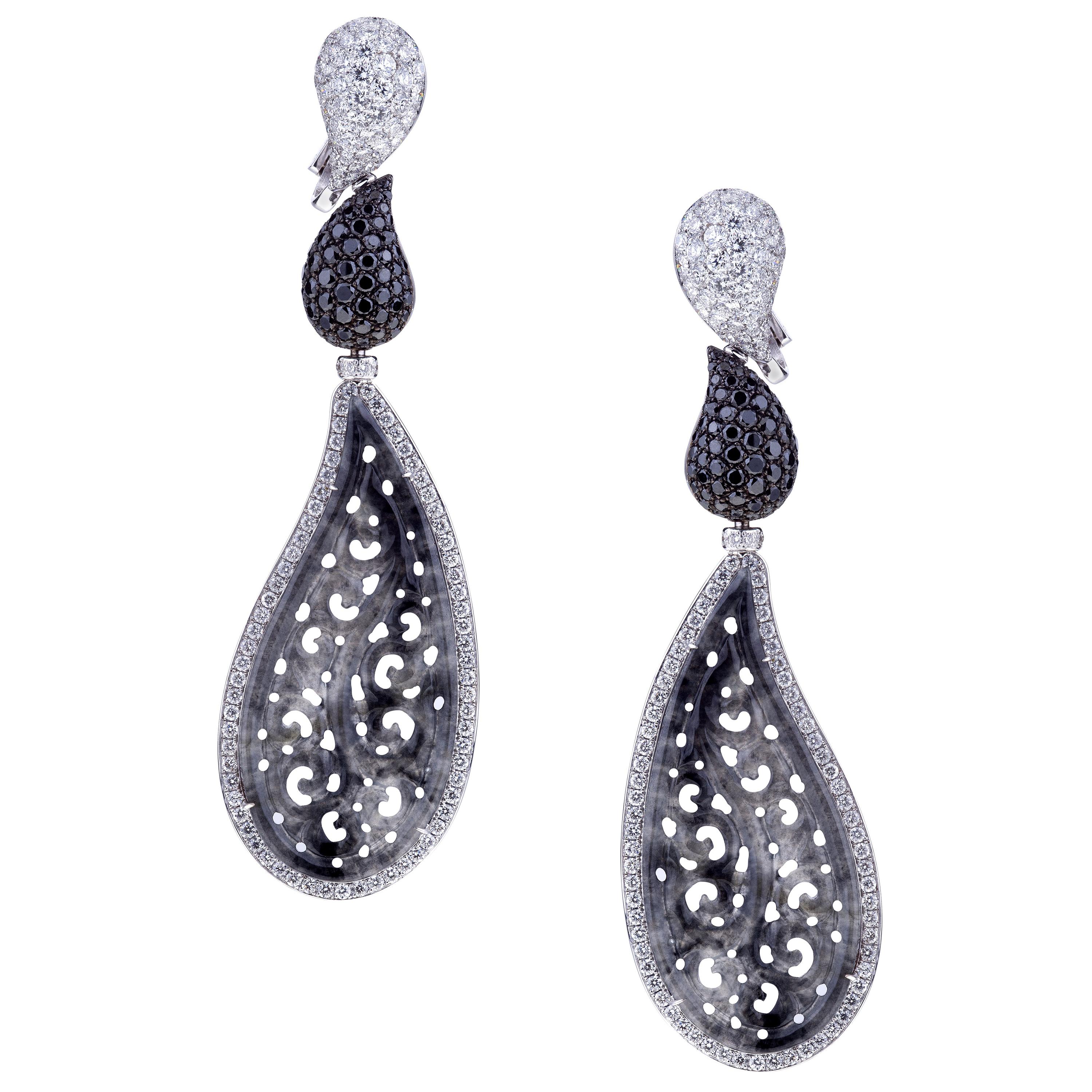 Earrings White Gold Carved Drop Translucent Black Jade and Diamonds  For Sale