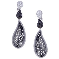 Earrings White Gold Carved Drop Translucent Black Jade and Diamonds 