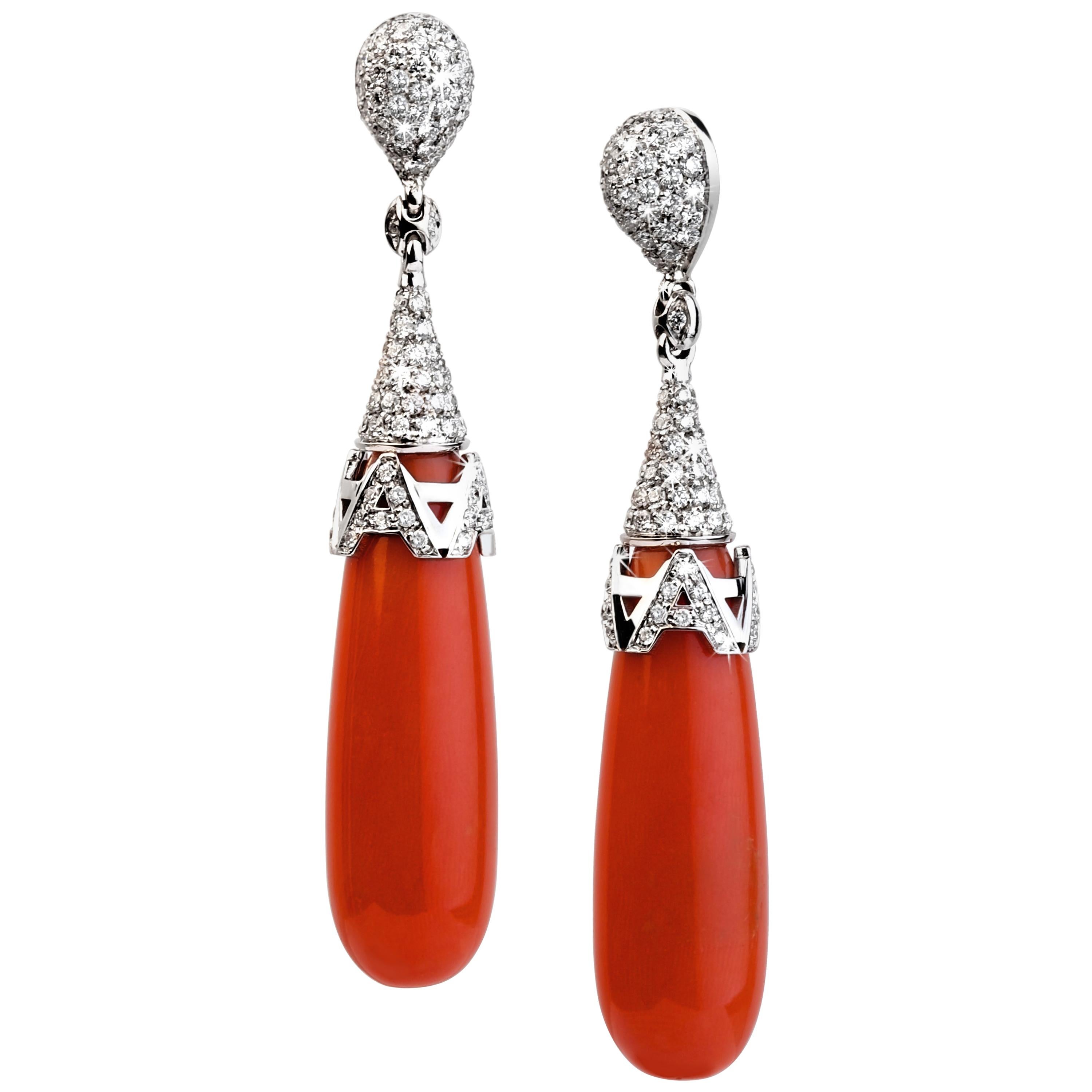 Earrings White Gold Diamonds and Red Coral from Mediterranean Sea For Sale