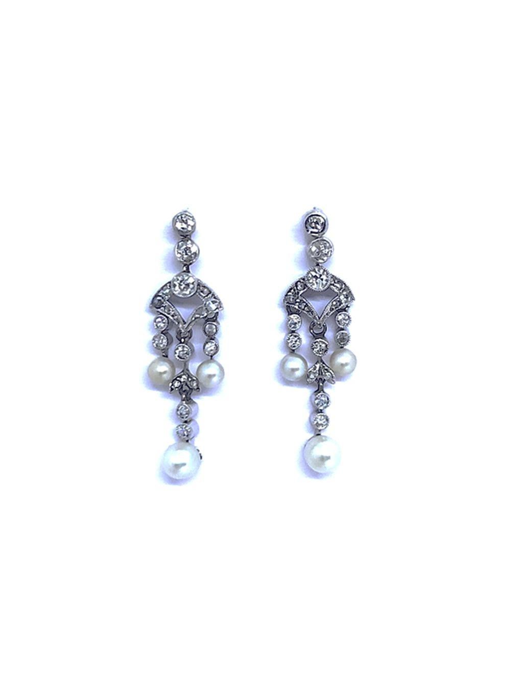Earrings White Gold Diamonds Seed Pearls Edwardian ca. 1910 For Sale 1