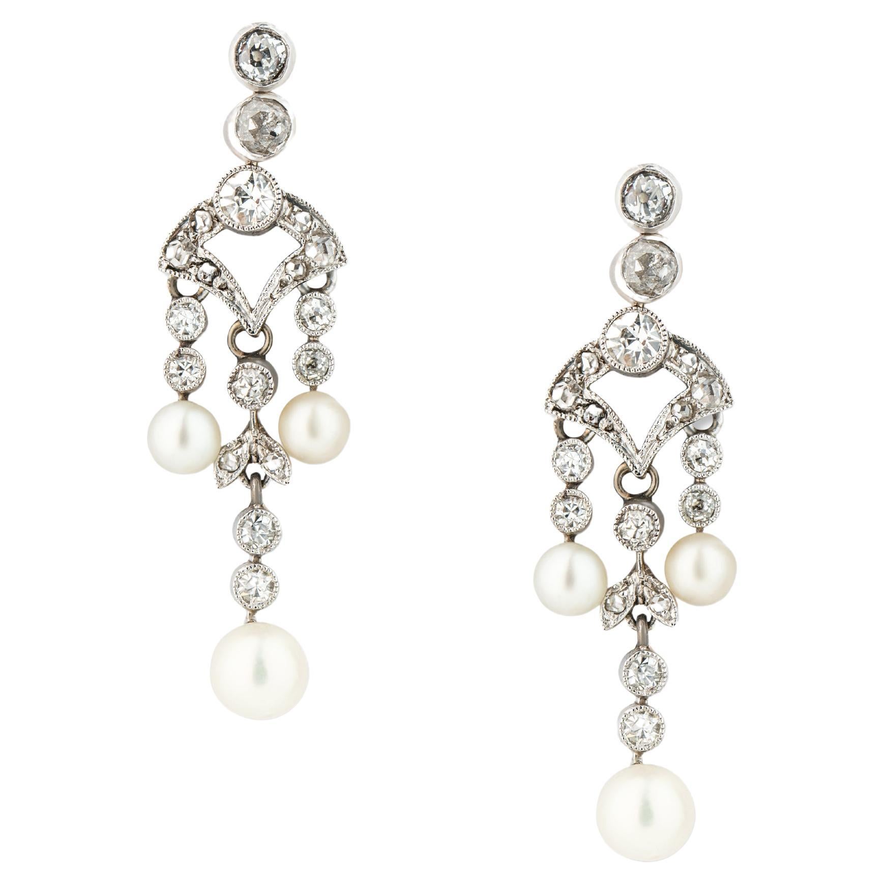 Earrings White Gold Diamonds Seed Pearls Edwardian ca. 1910 For Sale