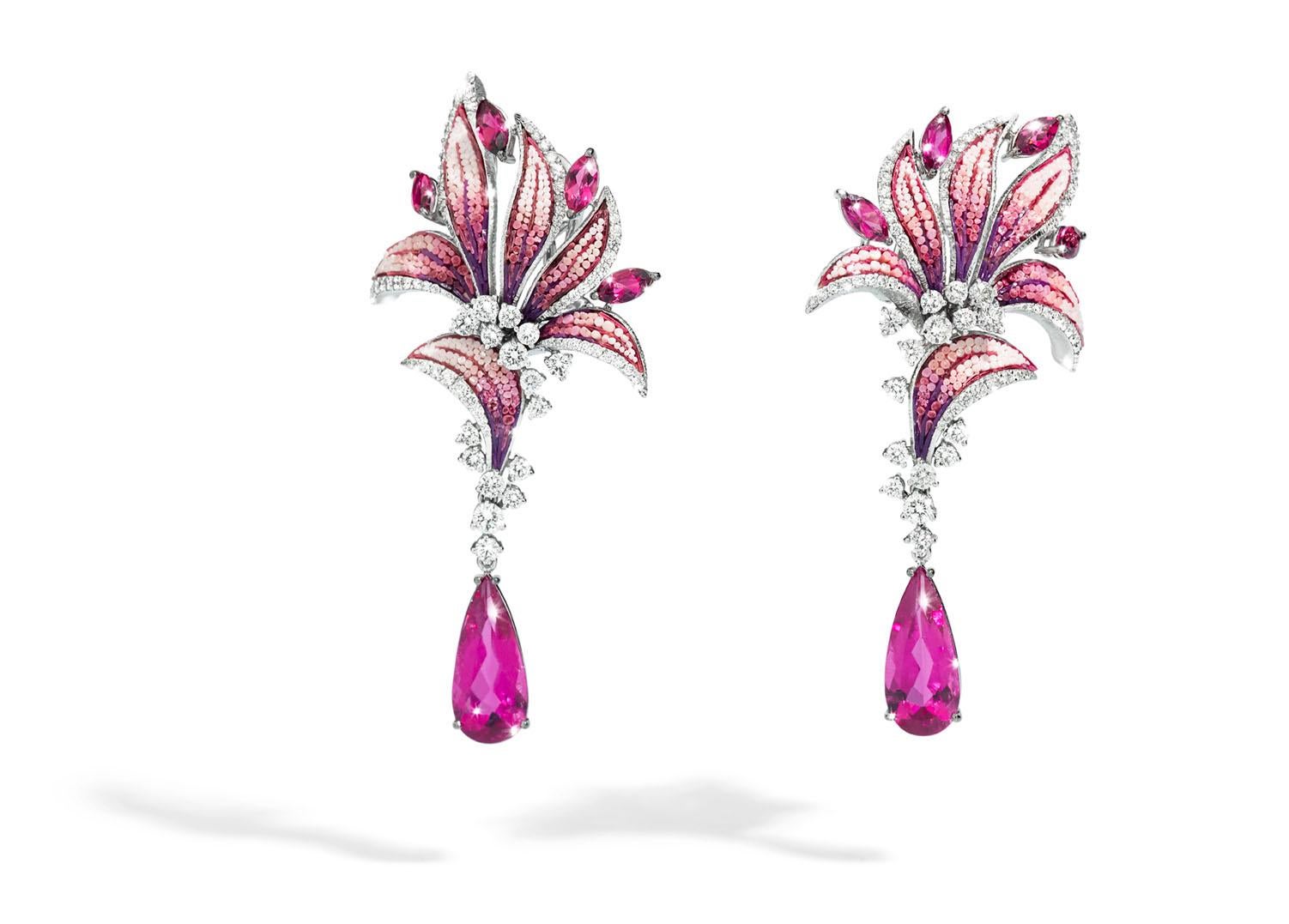 Modern Earrings White Gold White Diamonds Rubelite Handdecorated with MicroMosaic For Sale