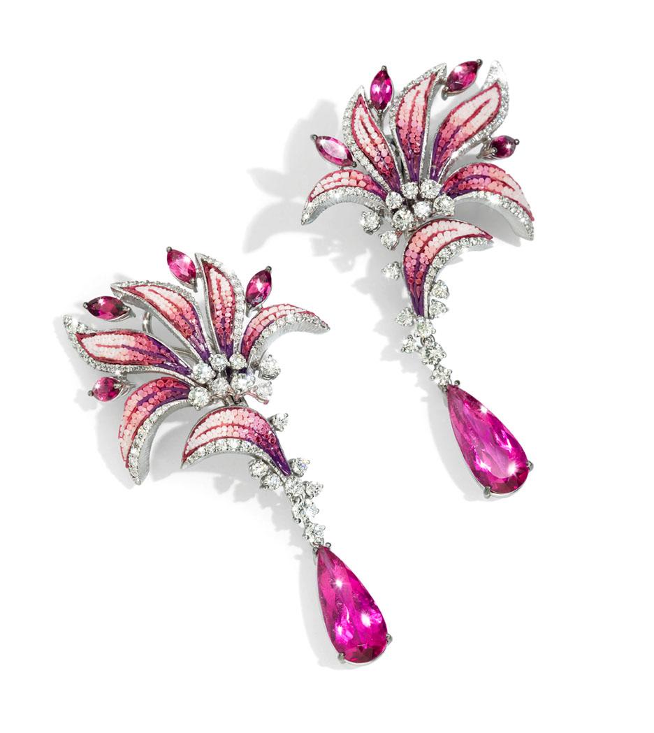 Pear Cut Earrings White Gold White Diamonds Rubelite Handdecorated with MicroMosaic For Sale
