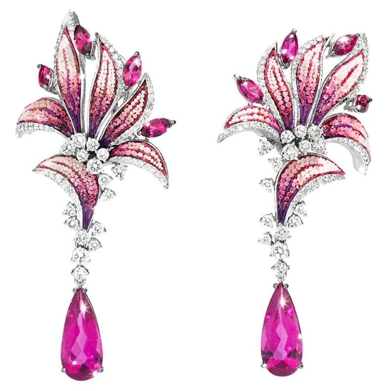 Earrings White Gold White Diamonds Rubelite Handdecorated with MicroMosaic For Sale