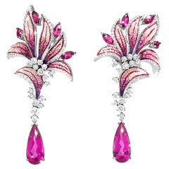 Earrings White Gold White Diamonds Rubelite Handdecorated with MicroMosaic
