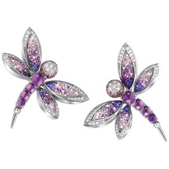 Earrings White Gold White Diamonds Sapphires Amethyst Hand Decorated MicroMosaic