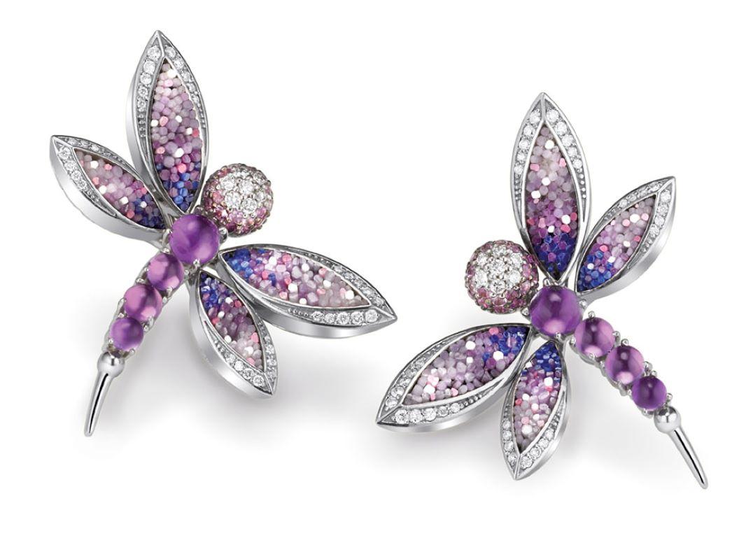 Brilliant Cut Earrings White Gold White Diamonds Sapphires Amethyst Hand Decorated MicroMosaic For Sale