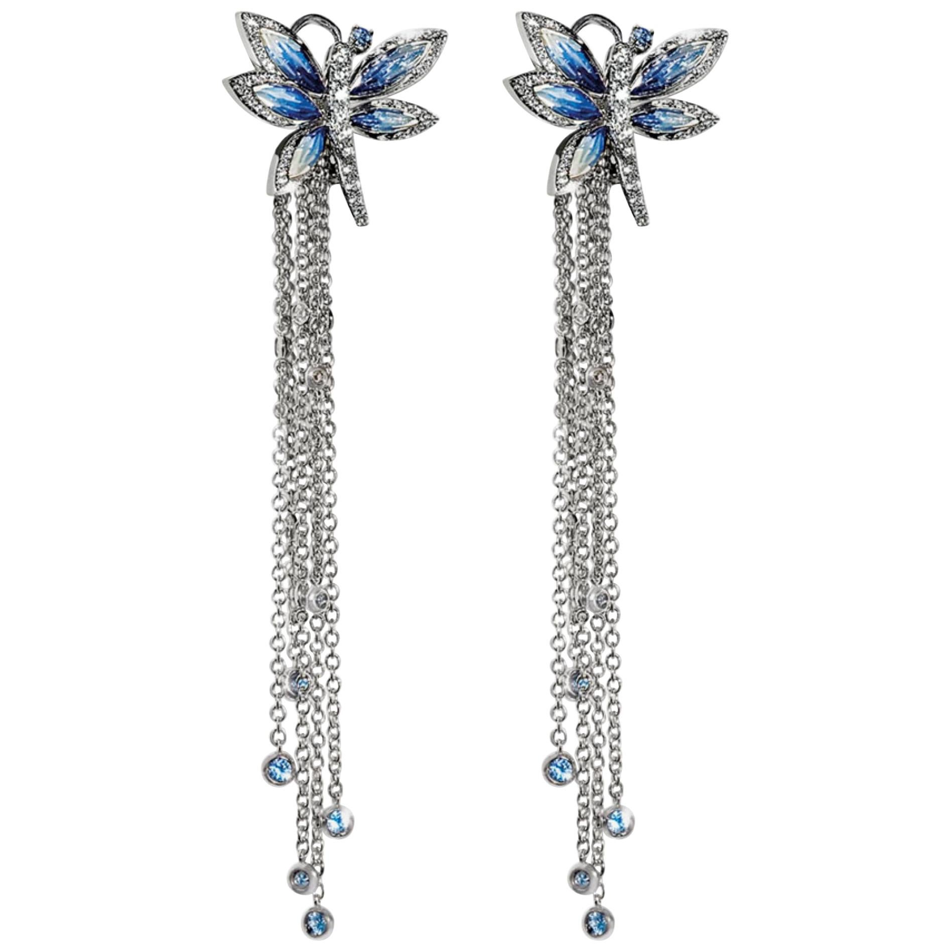 Earrings White Gold White Diamonds Sapphires Hand Decoated with Micro Mosaic