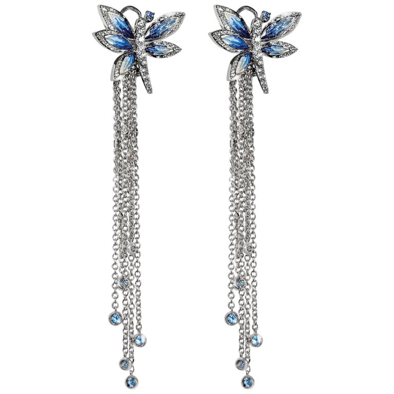 Earrings White Gold White Diamonds Sapphires Hand Decoated with Micro ...