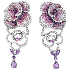 Earrings White Gold White Diamonds Sapphires Hand Decorated with Micro Mosaic