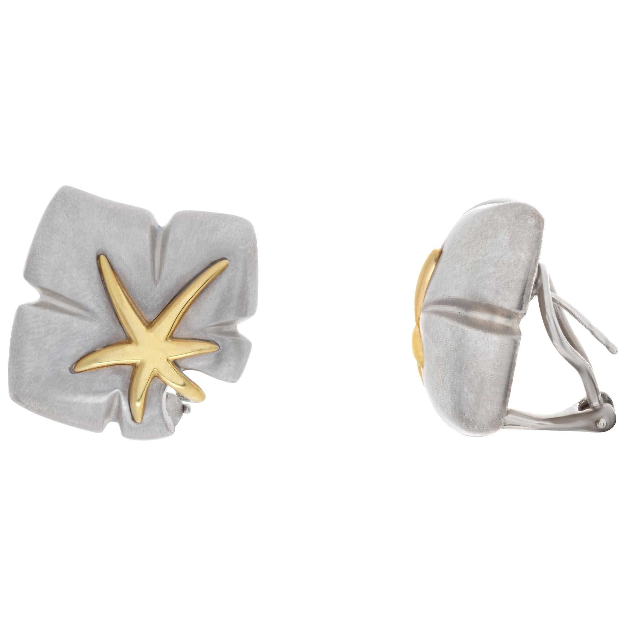 Women's Earrings with 18k Yellow Gold Accents, Tiffany & Co. Silver Maple Leaf Design For Sale