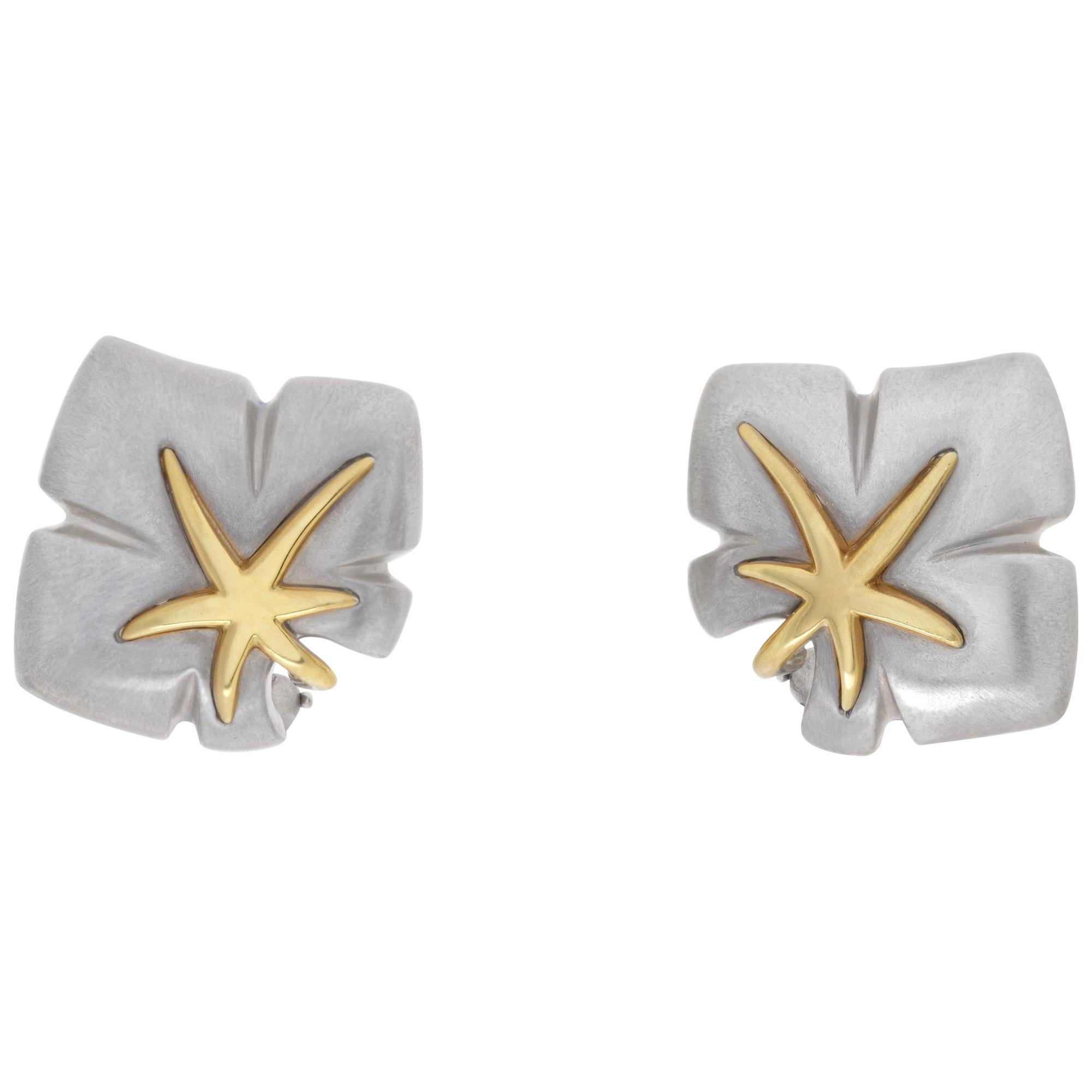 Earrings with 18k Yellow Gold Accents, Tiffany & Co. Silver Maple Leaf Design For Sale