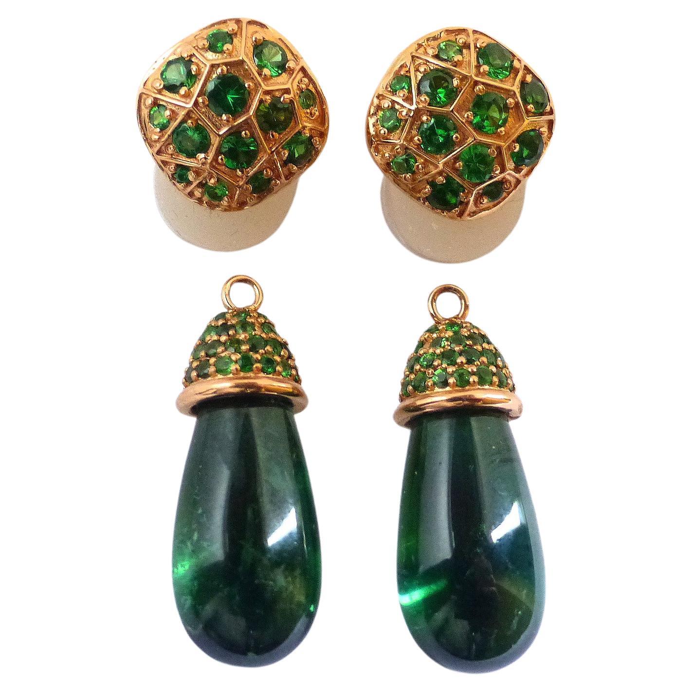 Earrings with 2 green Tourmaline Brioletts 33, 25c. and 96 green Tsavorites 2, 26c For Sale