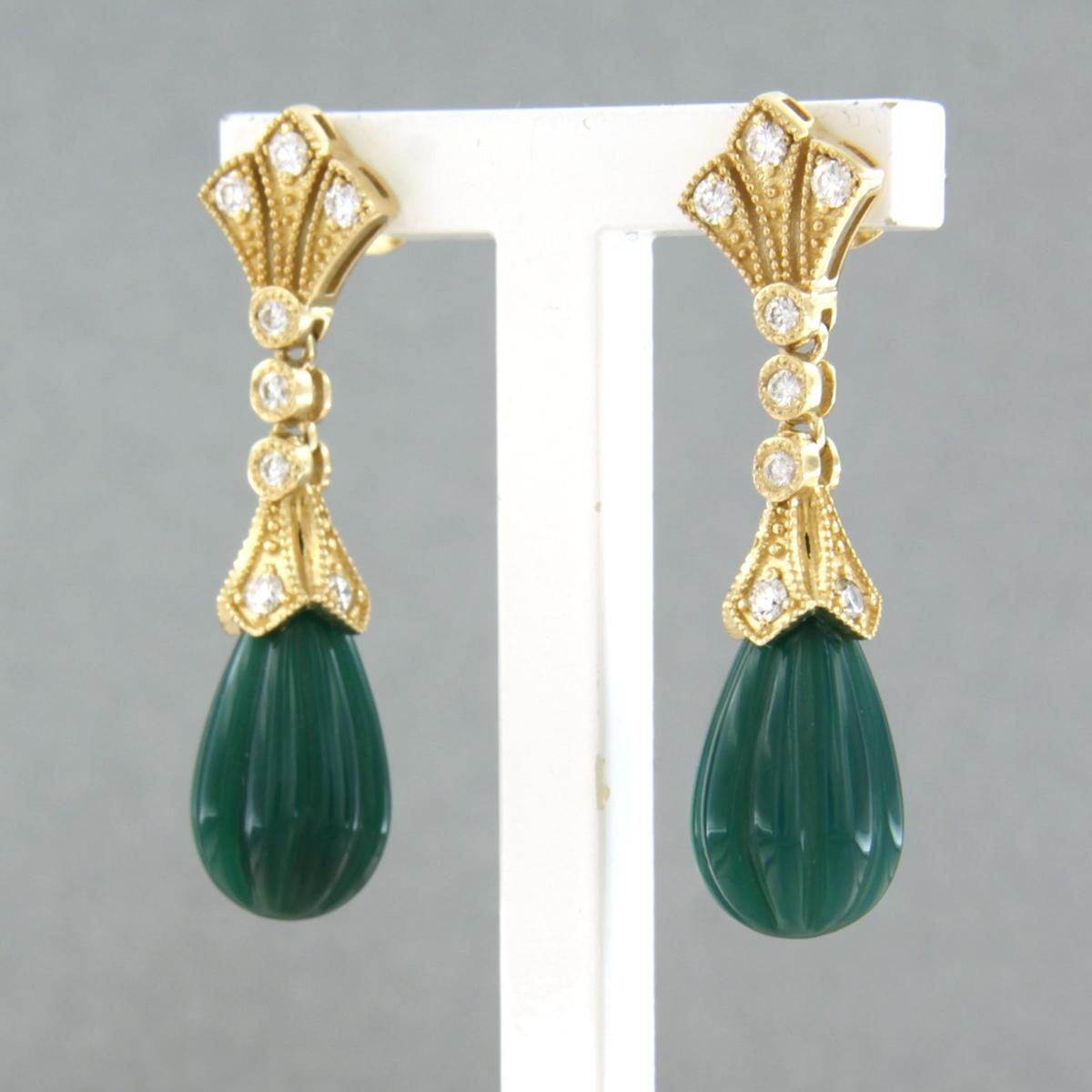 Modern Earrings with agate and single cut diamonds up to 0.28ct 14k yellow gold For Sale