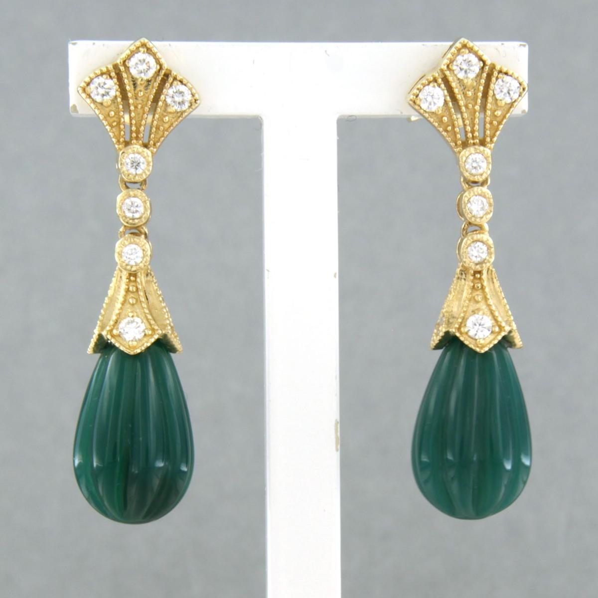 Single Cut Earrings with agate and single cut diamonds up to 0.28ct 14k yellow gold For Sale