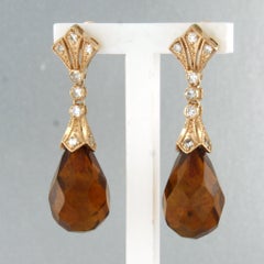 Boucles d'oreilles en ambre et diamants taille simple jusqu'à 0,36 ct, or 14 carats, 4,6 g