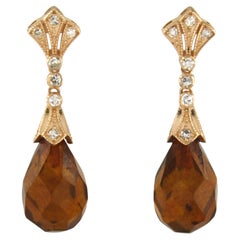 Boucles d'oreilles en ambre et diamants taille simple jusqu'à 0,36 ct, or 14 carats, 4,6 g
