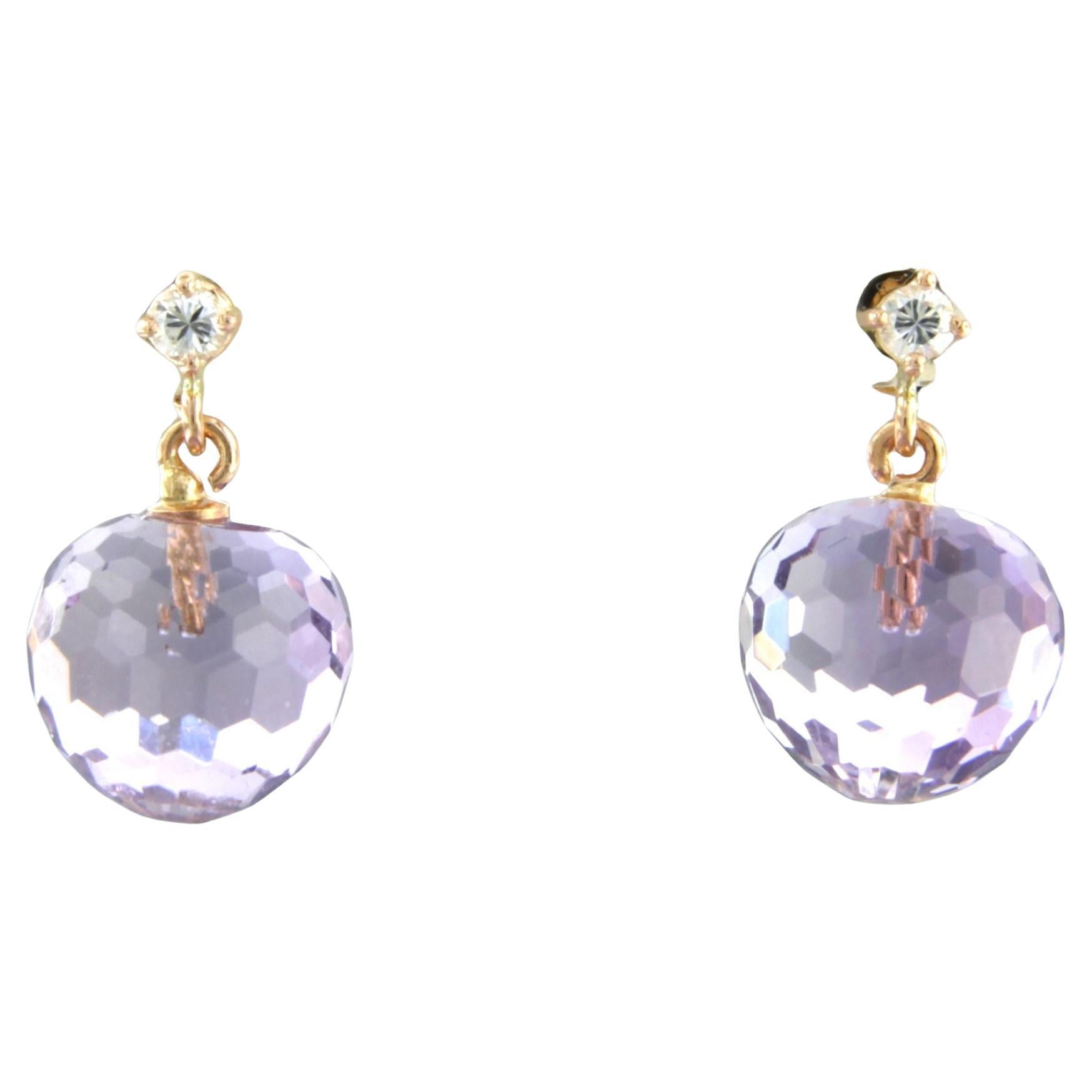 Earrings with amethyst and brilliant cut diamond up to 0.09ct 18k gold 3.6 grams For Sale