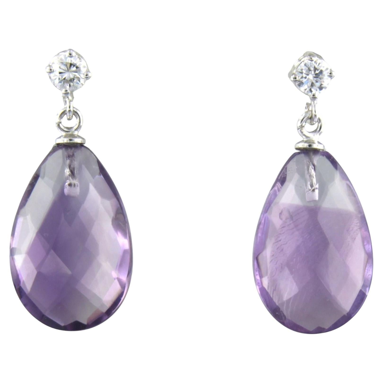 Earrings with amethyst and brilliant cut diamonds up to 0.18ct 18k gold 3.6 gram