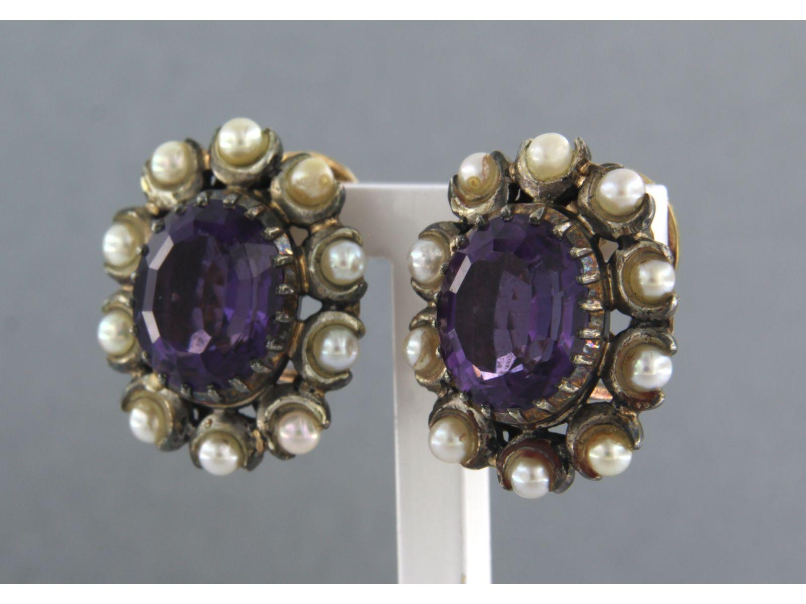 Oval Cut Earrings with amethyst and pearls 18k yellow gold and silver For Sale