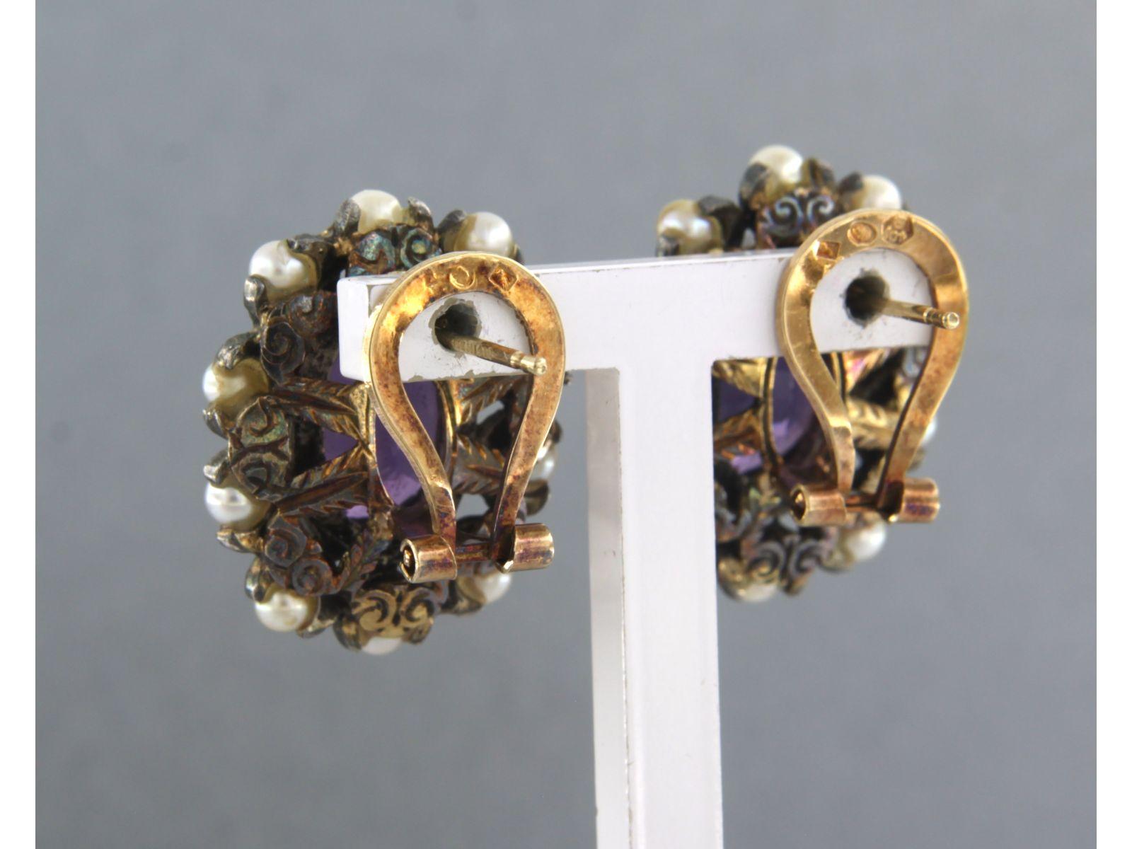 Earrings with amethyst and pearls 18k yellow gold and silver In Good Condition For Sale In The Hague, ZH