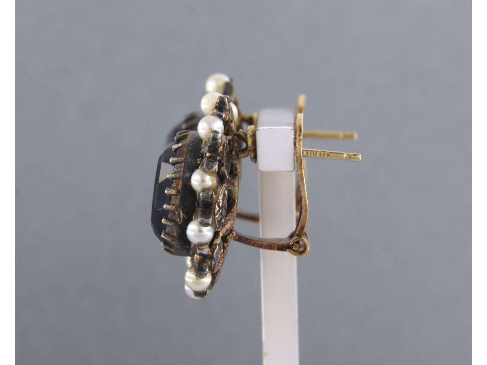 Women's Earrings with amethyst and pearls 18k yellow gold and silver For Sale