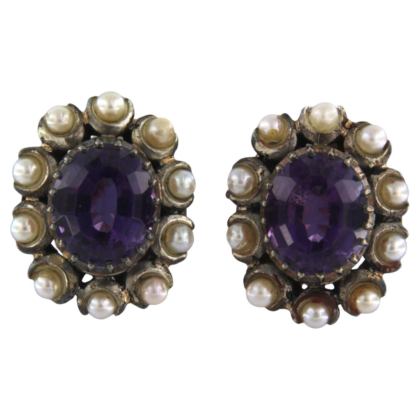 Earrings with amethyst and pearls 18k yellow gold and silver For Sale