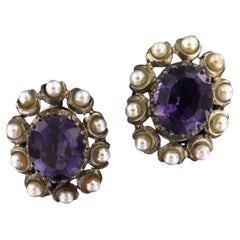 Antique Earrings with amethyst and pearls 18k yellow gold and silver