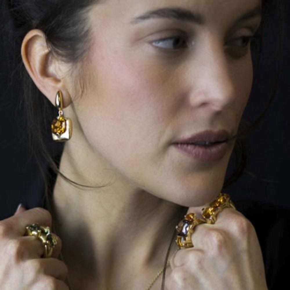  Earrings with carré cut quartz stone in gold plated silver cognac finish For Sale 2